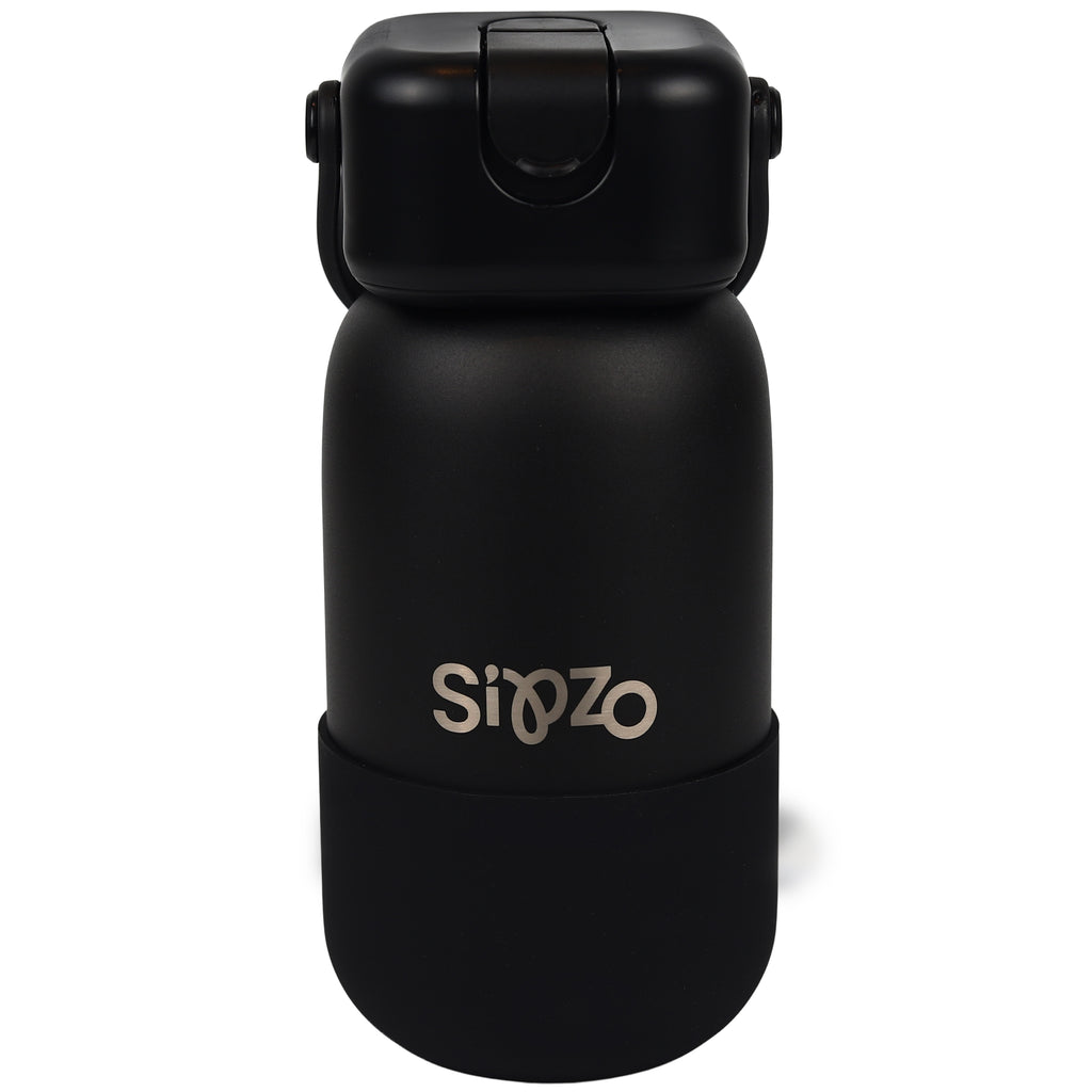 Sipzo Insulated Stainless Steel Water Bottle with Flip Straw Lid & Carry Handle – Black