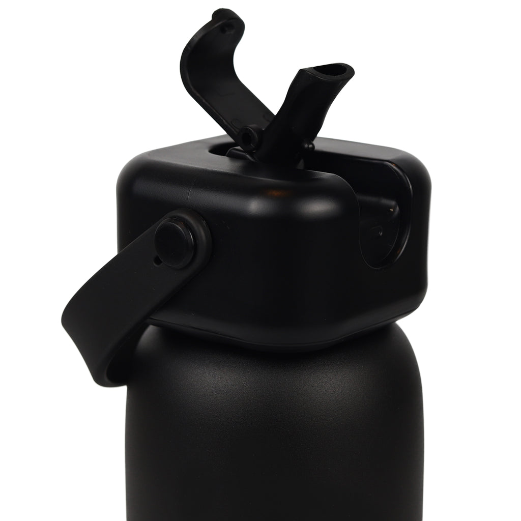 Sipzo Insulated Stainless Steel Water Bottle with Flip Straw Lid & Carry Handle – Black