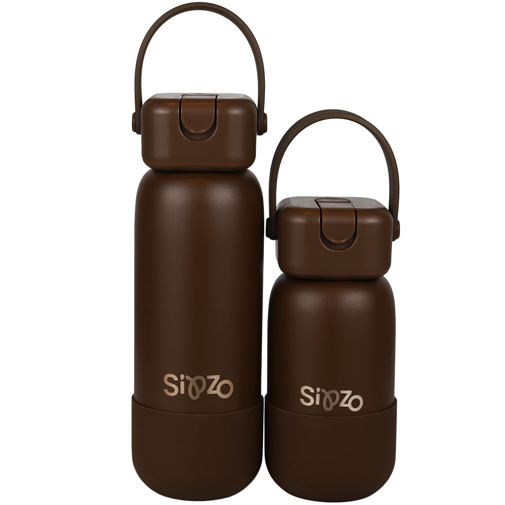 Sipzo Insulated Stainless Steel Water Bottle with Flip-Up Spout & Carry Handle – Chocolate Brown
