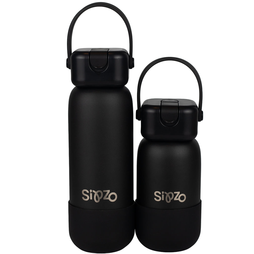 Sipzo Insulated Stainless Steel Water Bottle with Flip Straw Lid & Carry Handle – Black