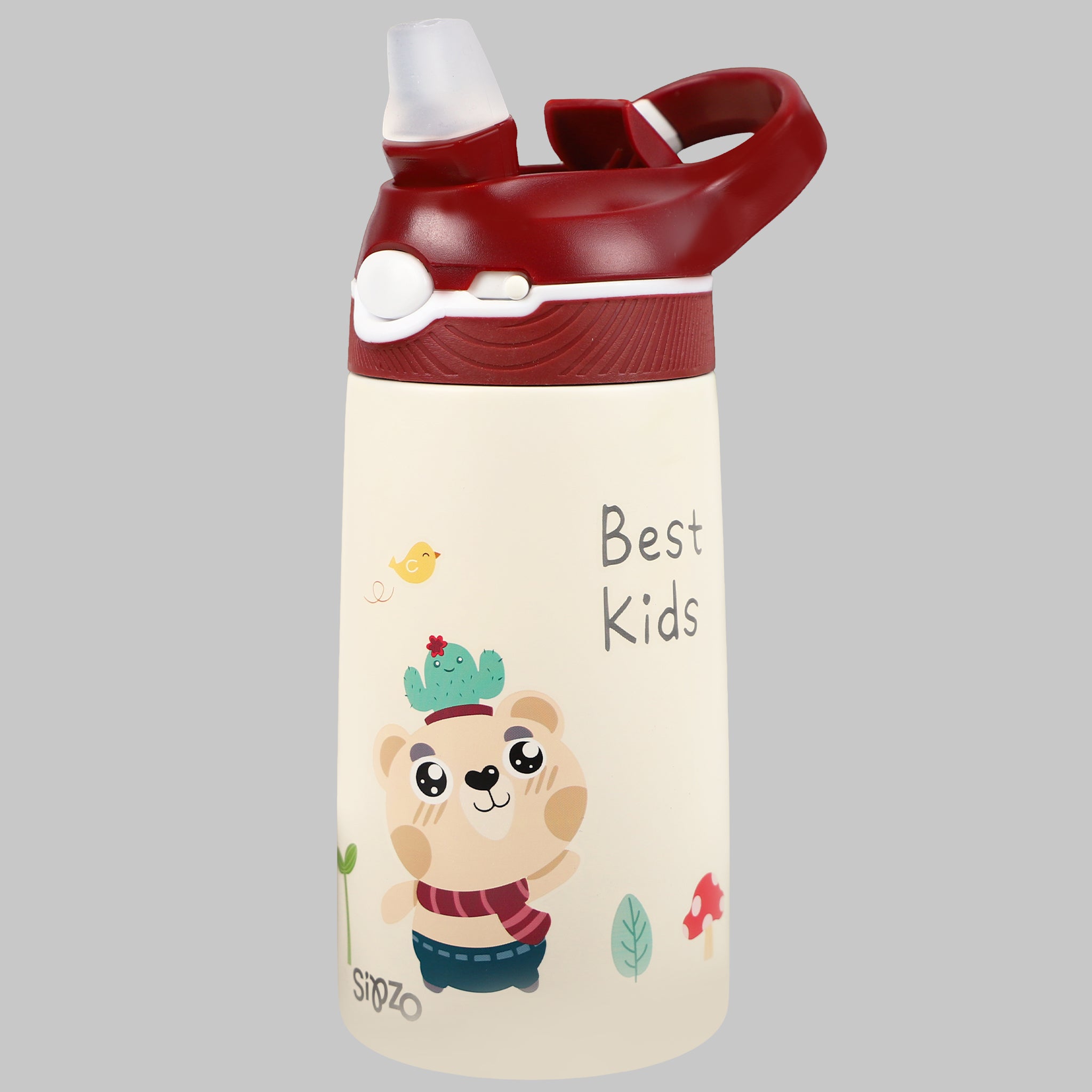 Sipzo Kids Insulated Stainless Steel Water Bottle with Straw Lid – Cream with Burgundy Lid
