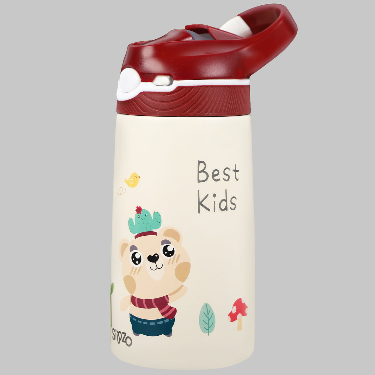 Sipzo Kids Insulated Stainless Steel Water Bottle with Straw Lid – Cream with Burgundy Lid