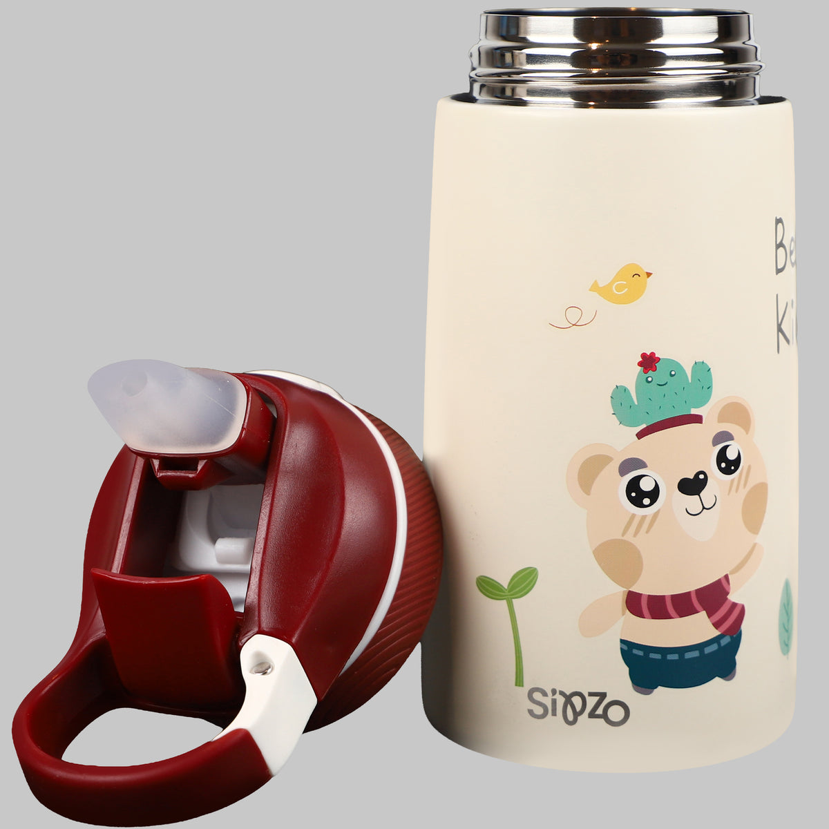 Sipzo Kids Insulated Stainless Steel Water Bottle with Straw Lid – Cream with Burgundy Lid