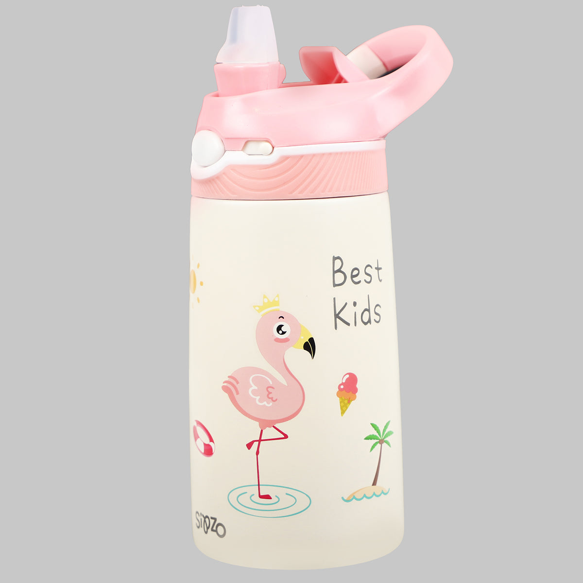 Sipzo Kids Insulated Stainless Steel Water Bottle with Straw Lid – Pink Flamingo Design
