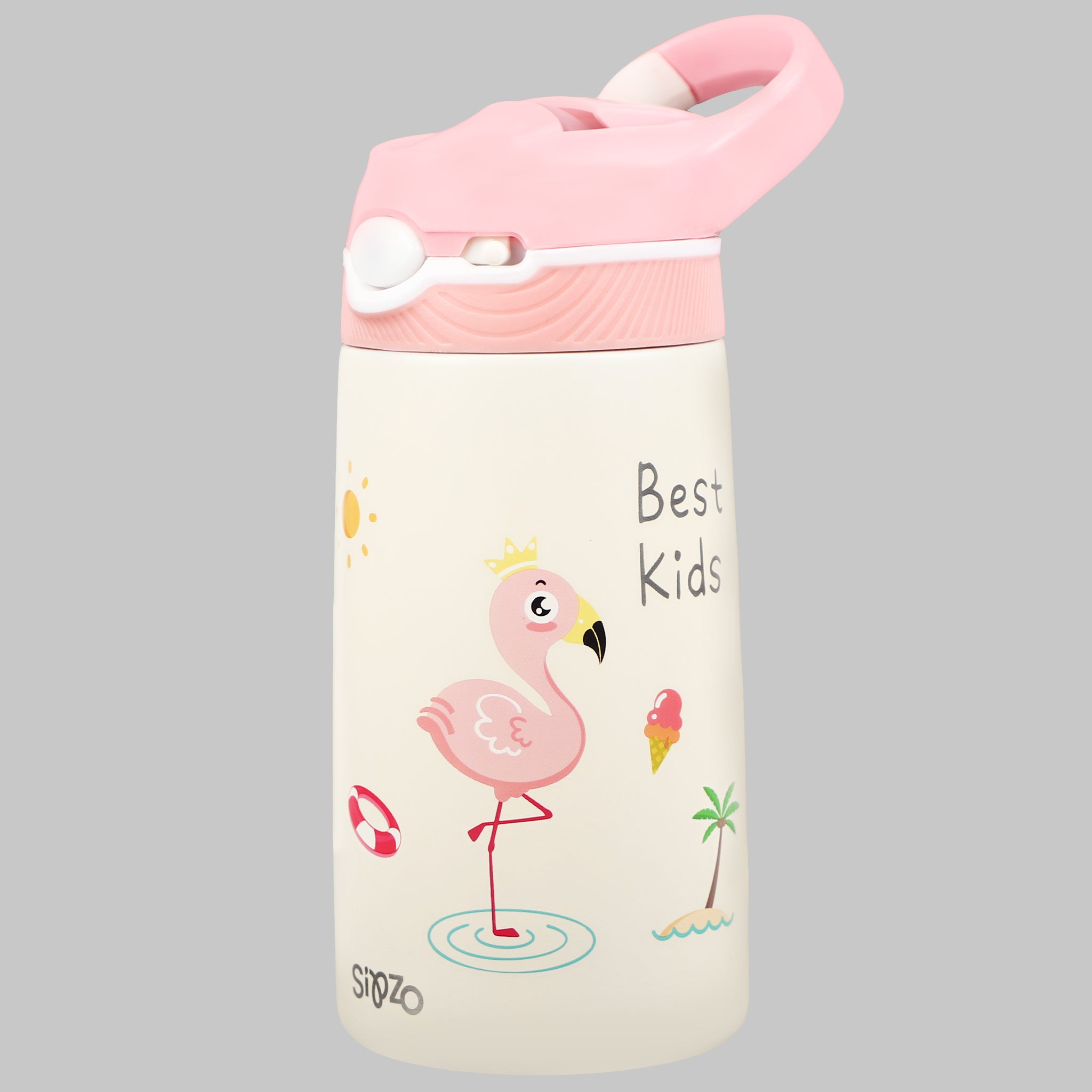 Sipzo Kids Insulated Stainless Steel Water Bottle with Straw Lid – Pink Flamingo Design