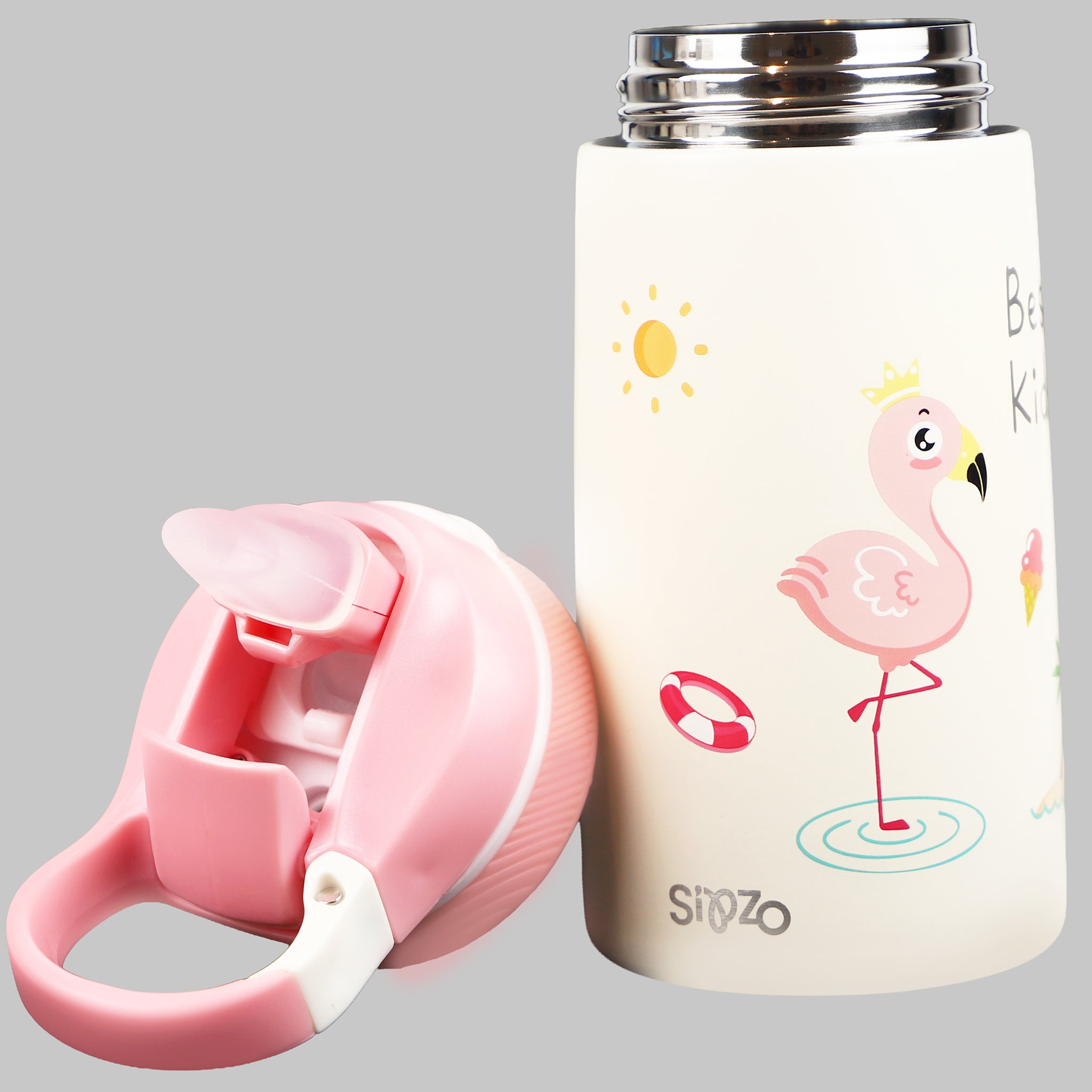 Sipzo Kids Insulated Stainless Steel Water Bottle with Straw Lid – Pink Flamingo Design